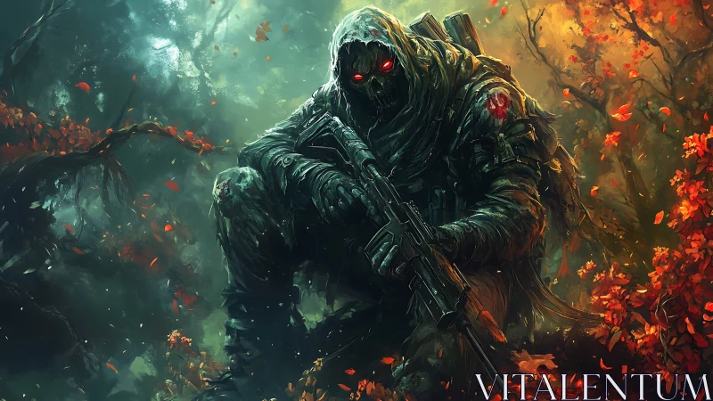 Ghost sniper crouches in emberlit forest of falling leaves.