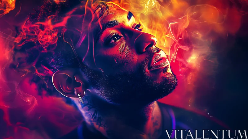 Vivid digital portrait of man surrounded by swirling fire.
