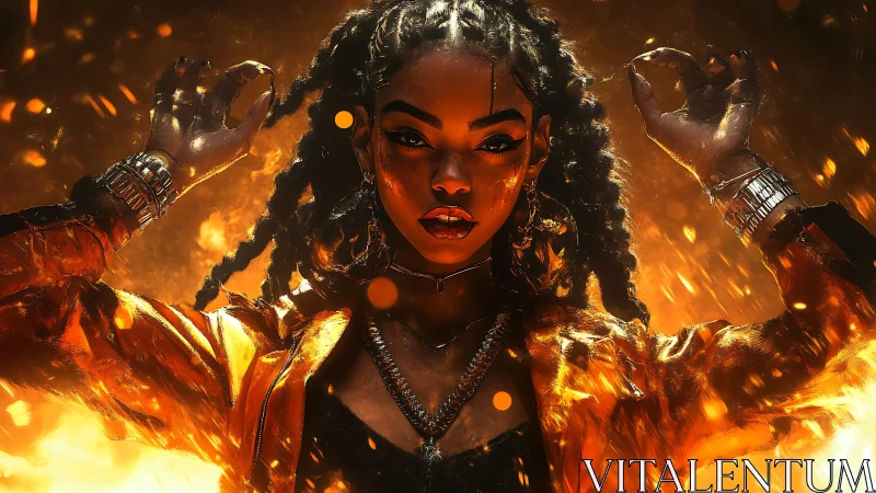 Digital portrait shows woman in blazing orange firelight