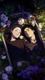 Sleeping couple in twilight garden of dense flowers.