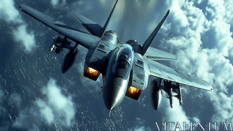 Modern jet fighter banking above clouds in strong light.