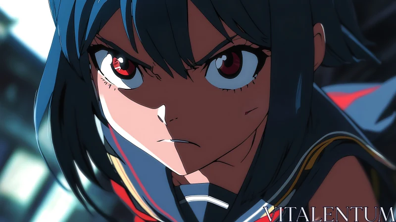 Intense anime heroine close-up with dynamic lighting focus.