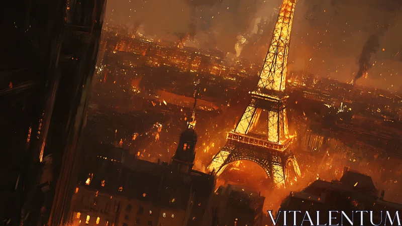 Eiffel Tower blazes above a dystopian, firelit Paris skyline