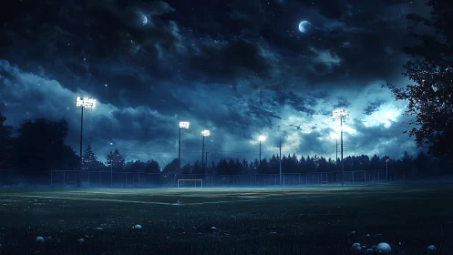 Empty football field glows under dramatic stormy night sky