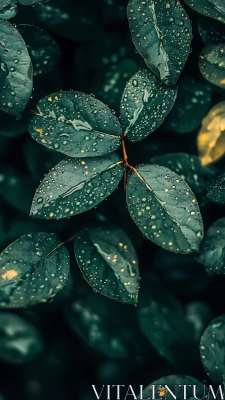 Gentle raindrops resting on deep green garden leaves.