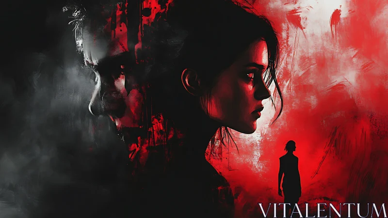 Dual portraits in red noir with fractured silhouettes.