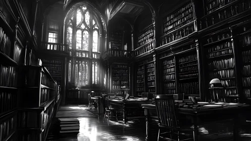 Gothic Library Interior: Monochrome Architectural Study with Volumetric Light