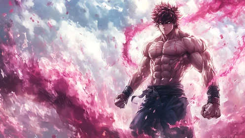 Muscular anime warrior commands swirling pink energy storm