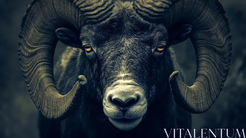 Photorealistic ram portrait with sculptural horn symmetry rendering.
