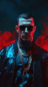 Smoldering portrait of a cool man in neon red and blue light