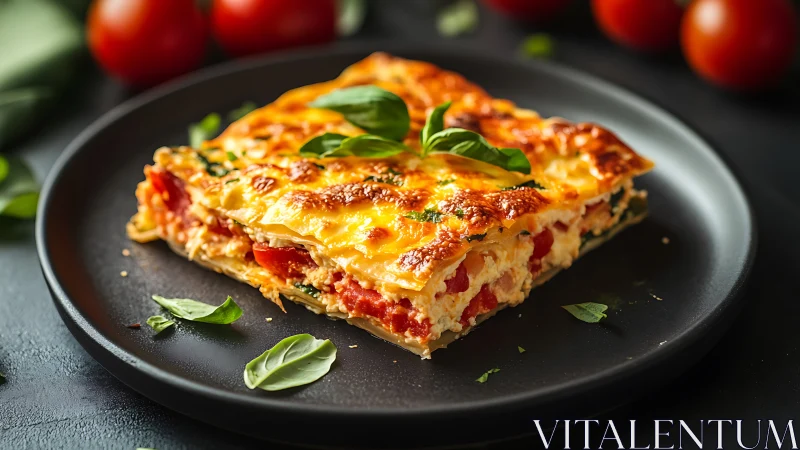 Baked vegetable lasagna slice on dark plate with basil.
