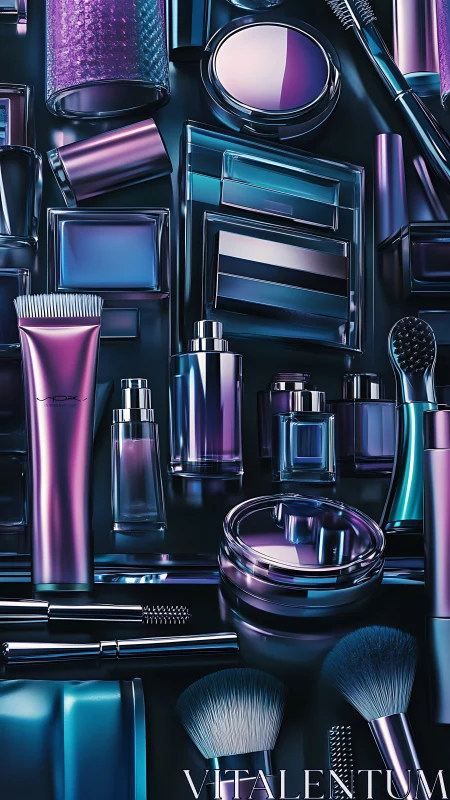 Iridescent cosmetic tools glow in sleek futuristic layout.