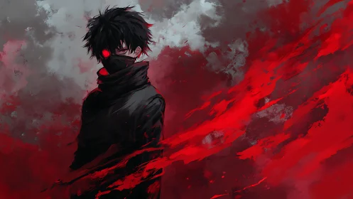 Masked anime figure with glowing red eye in dark storm.