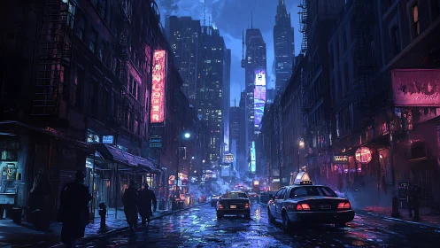 Neon-soaked cyberpunk street under rain-drenched night sky.