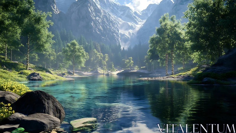 Mountain lake reflects sunlit pines beneath snowy peaks.