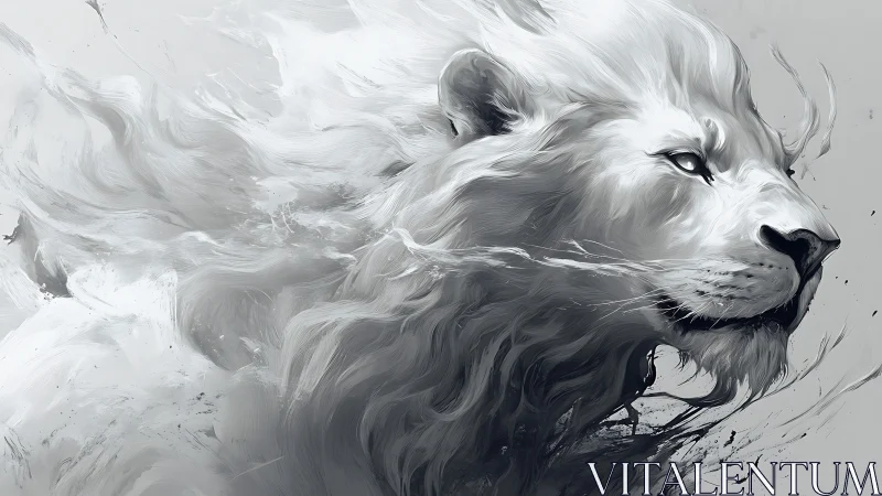 Monochrome digital painting of a windswept lion head.
