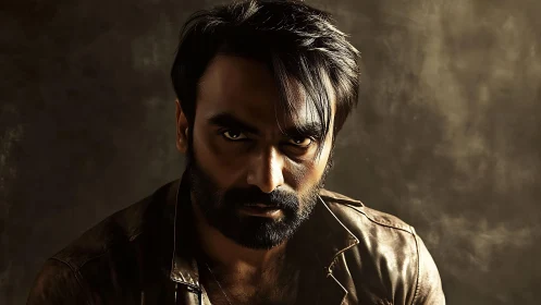Moody portrait of a bearded man in warm cinematic light.