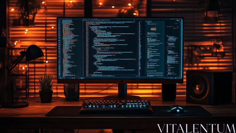 Ultra-wide coding workstation shows dark theme IDE in warm bokeh