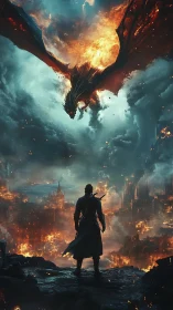 Dragon-lit warrior silhouette above burning fantasy citadel.