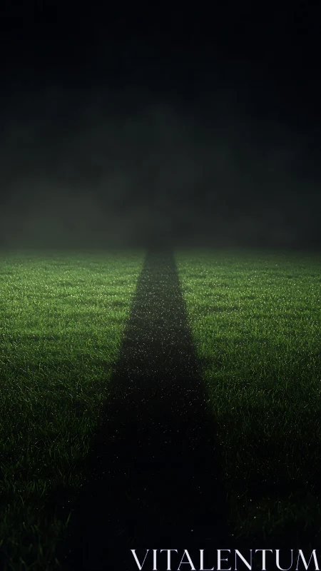 Narrow dark path across illuminated grass at night.