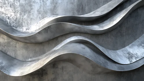 Curved metallic bands form layered relief on textured wall