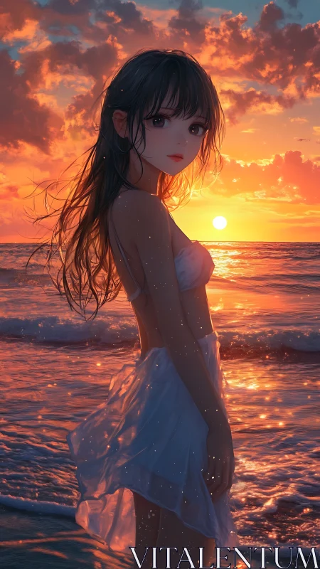 Backlit anime girl in translucent dress at sunset shoreline