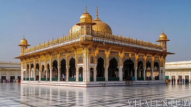 Gilded courtyard shrine shimmering under a cloudless sky.