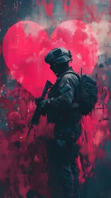 Armed Soldier Against Neon Heart. Tactical Stance.