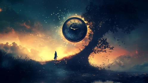 Solitary figure observes glowing clock suspended over bent tree
