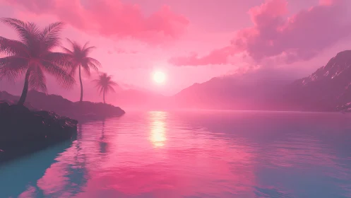 Neon pink tropical sunset bathes misty mountains in light