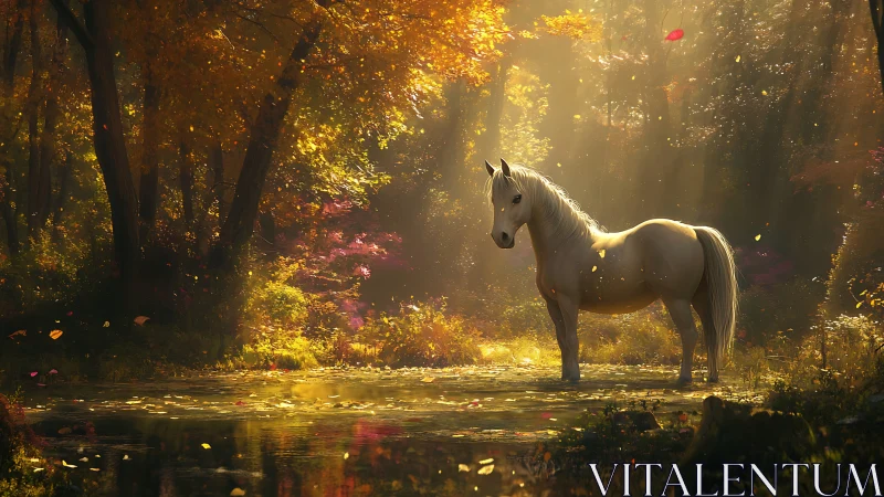 Luminous white horse in backlit autumn forest clearing stands