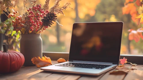 Laptop and autumn decor on wooden desk by window indoors.