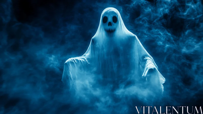 Midnight ghost grins through cobalt fog and curling shadows