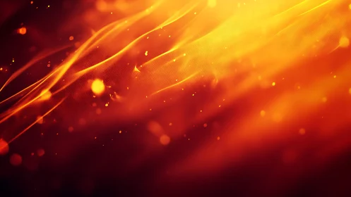 Abstract fiery light waves with glowing particles, digital art style.