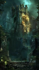 Ruined stone castle tower stands over dark overgrown steps