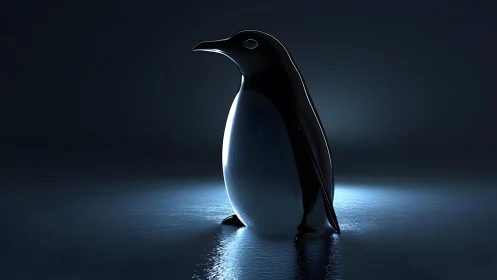 Glossy Penguin Statue in Dark Minimalist Setting with Blue Light.