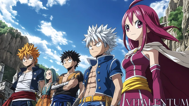 Skybound guild of young heroes ready for cliffside quests.