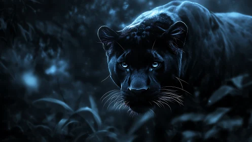 Black panther rendered with luminescent blue eyes and nocturnal atmospheric detail