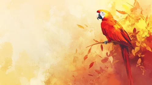 Vibrant Scarlet Macaw on Branch in Watercolor Style Painting.