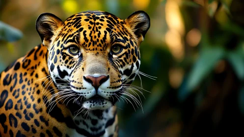 Portrait shows spotted wild cat in shallow depth of field