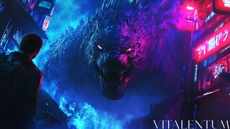 Cyberpunk kaiju confrontation in neon-soaked megacity streets.