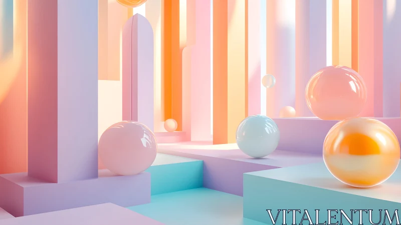 Pastel geometric atrium with glossy spheres in soft global light