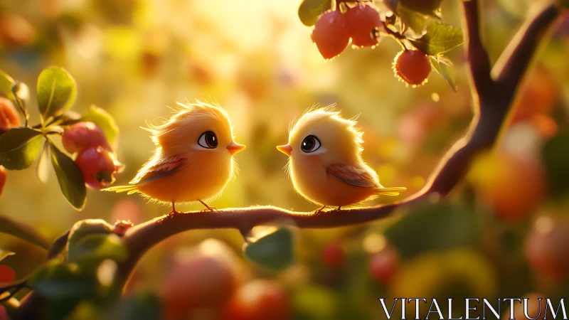 Sunlit baby birds sharing a sweet moment on a branch.