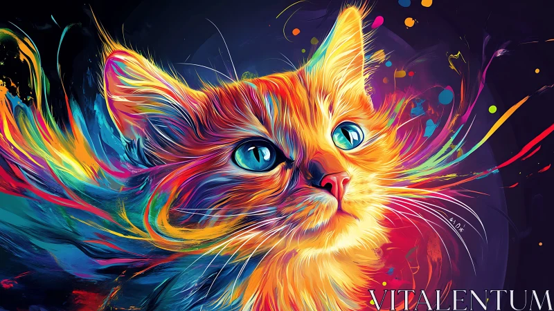 Multicolor Digital Cat Portrait with Neon Strokes.
