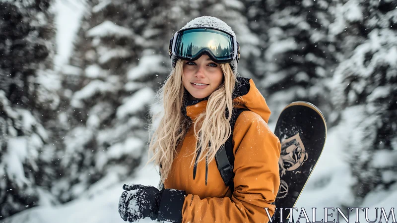 Snowboarder portrait in conifer forest, shallow depth-of-field