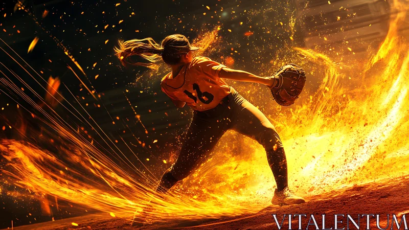 Softball player fields ground ball amid swirling fire effects