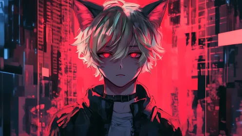 Cat-eared figure stands before red digital cityscape background