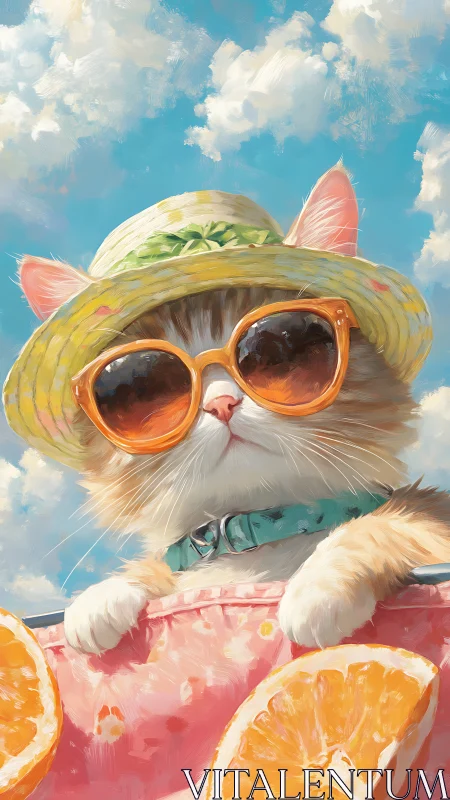 Cool Cat Wearing Straw Hat and Orange Sunglasses
