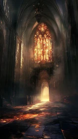 Gothic cathedral interior glows with molten stained glass
