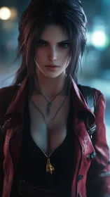 Neon vigil heroine in a crimson coat, eyes like burning dusk.